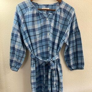 Blue Plaid Mini Dress shirt button down belt 100%cotton western coastal cowgirl